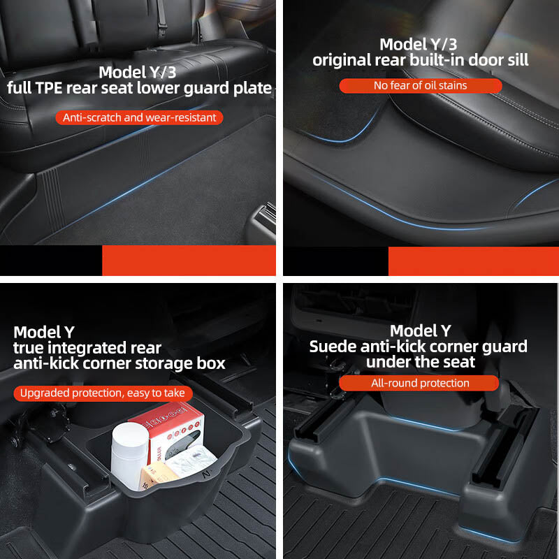 Tesla Modely front and rear row built-in door sill strips, under-seat corner protectors, accessories Full car suede corner protector 18-piece set